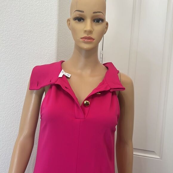 1901 Dress Hot Barbie Pink Gold Size 4 Halter Button Collar Neck Sleeveless Midi - Picture 6 of 9